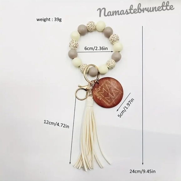 Wooden Beaded Mama Keychain Bag Charm With Blue Tassel - Picture 4 of 11